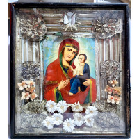 Большая икона БОЖИЕЙ МАТЕРИ ТИХВИНСКАЯ в киоте 61х70 см живопись Российская империя 00828о