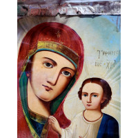 Большая икона БОЖИЕЙ МАТЕРИ ТИХВИНСКАЯ в киоте 61х70 см живопись Российская империя 00828о